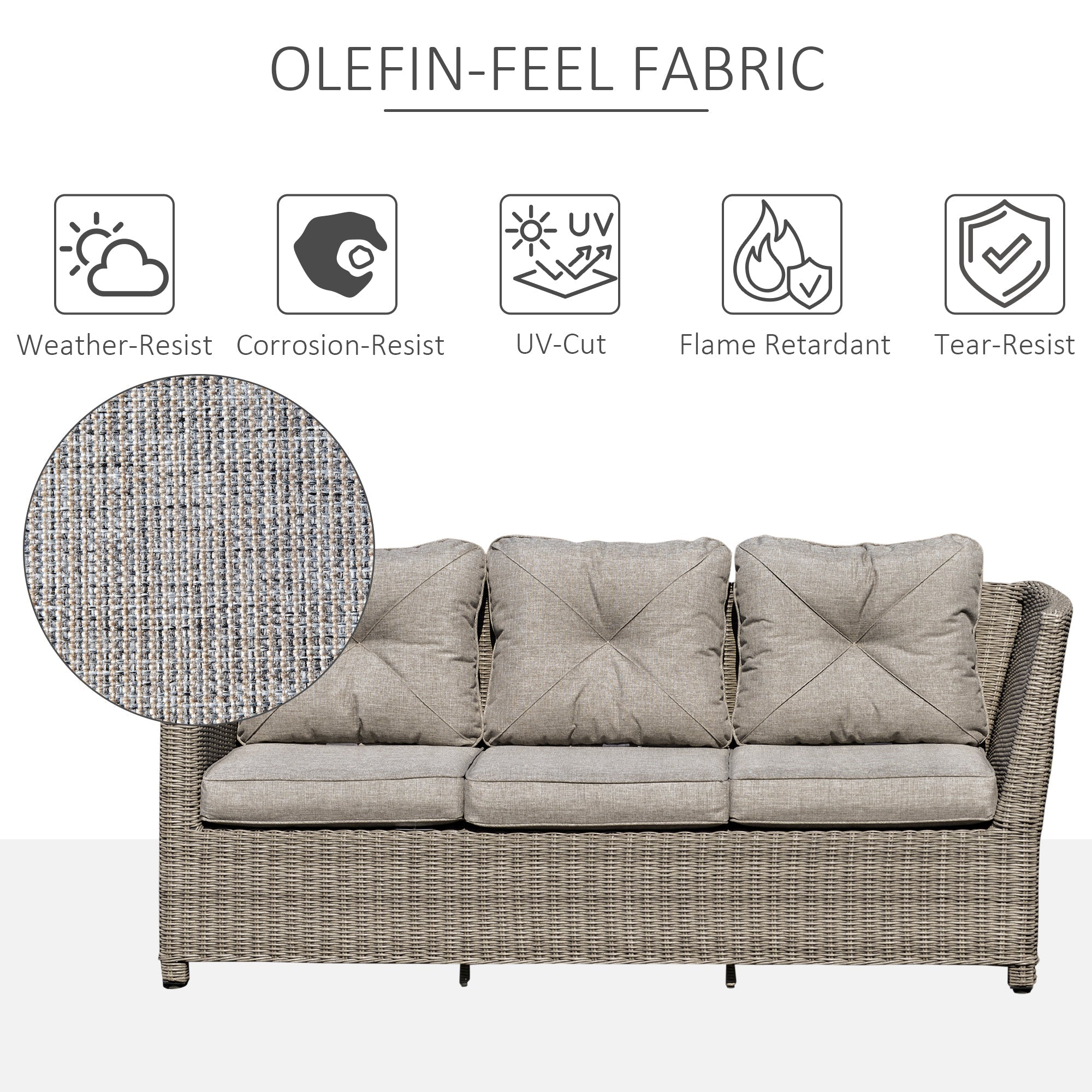 Beige outdoor sofa with woven wicker frame olefin-feel cushions part of outsunny 8-seater set with pit table cover