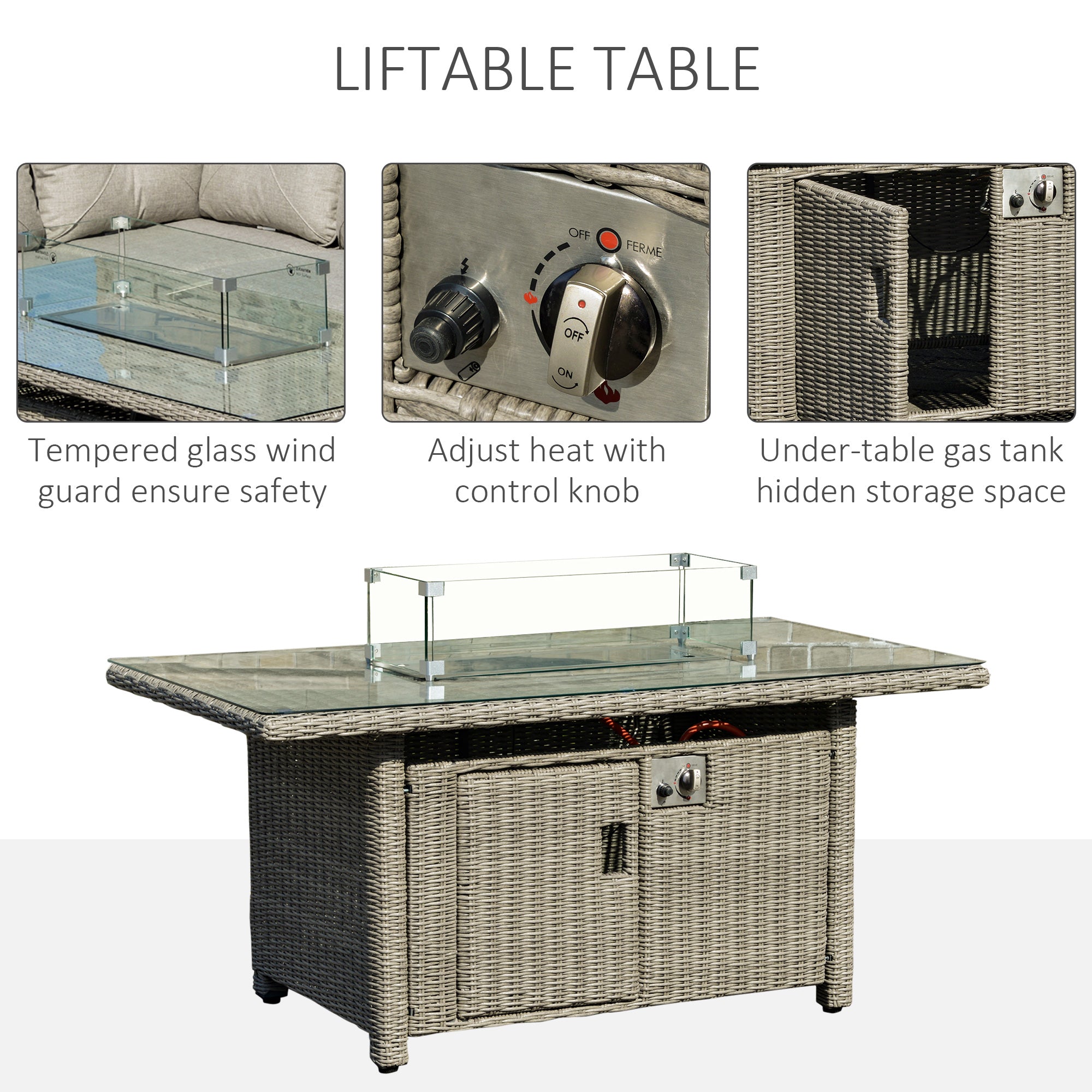 Gray wicker lifttable pit table with tempered glass top and furniture cover for outsunny 8-seater sofa 78d x 85h