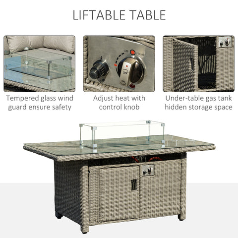 Gray wicker lifttable pit table with tempered glass top and furniture cover for outsunny 8-seater sofa 78d x 85h