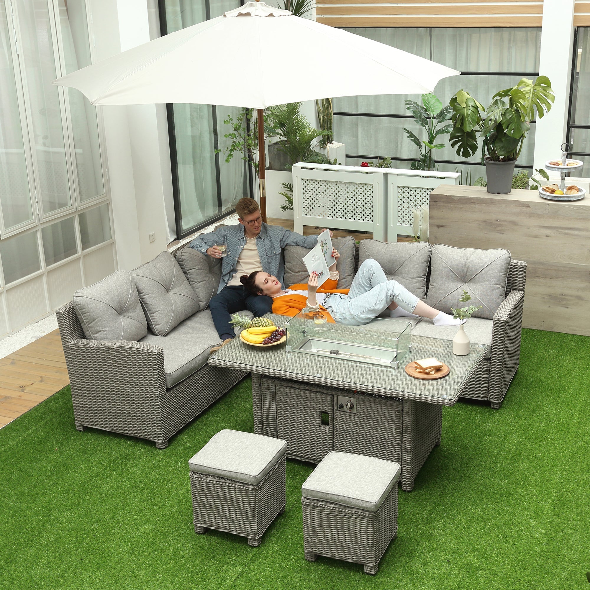 Gray wicker outdoor sectional sofa set with tufted cushions fire pit table and furniture cover 78d x 85h