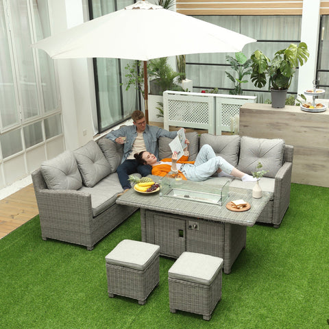 Gray wicker outdoor sectional sofa set with tufted cushions fire pit table and furniture cover 78d x 85h