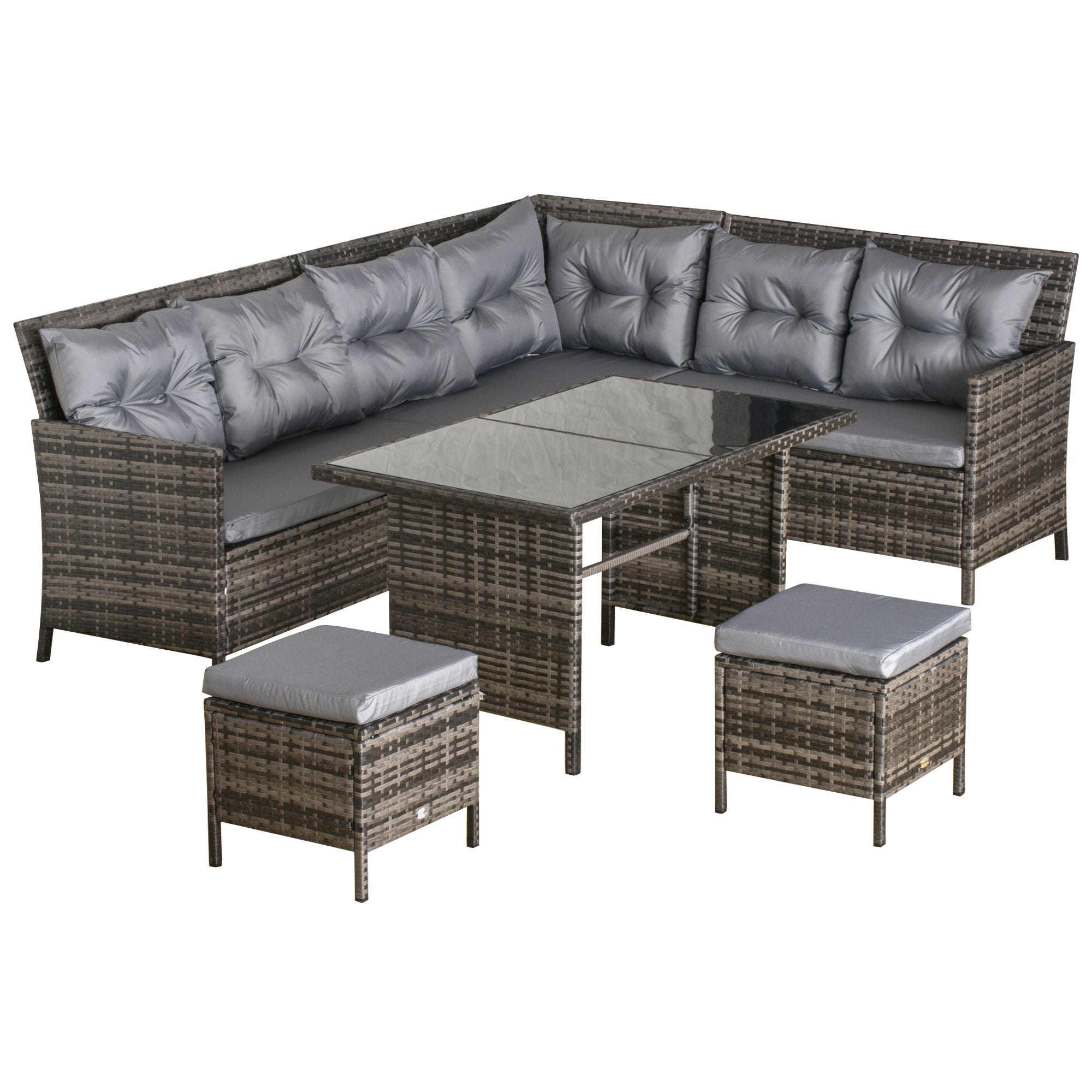 Gray tufted cushion set on dark brown wicker outsunny 8-seater patio corner sofa with glass-top table 62d x 82h