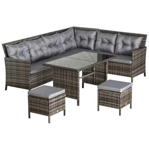 Gray tufted cushion set on dark brown wicker outsunny 8-seater patio corner sofa with glass-top table 62d x 82h