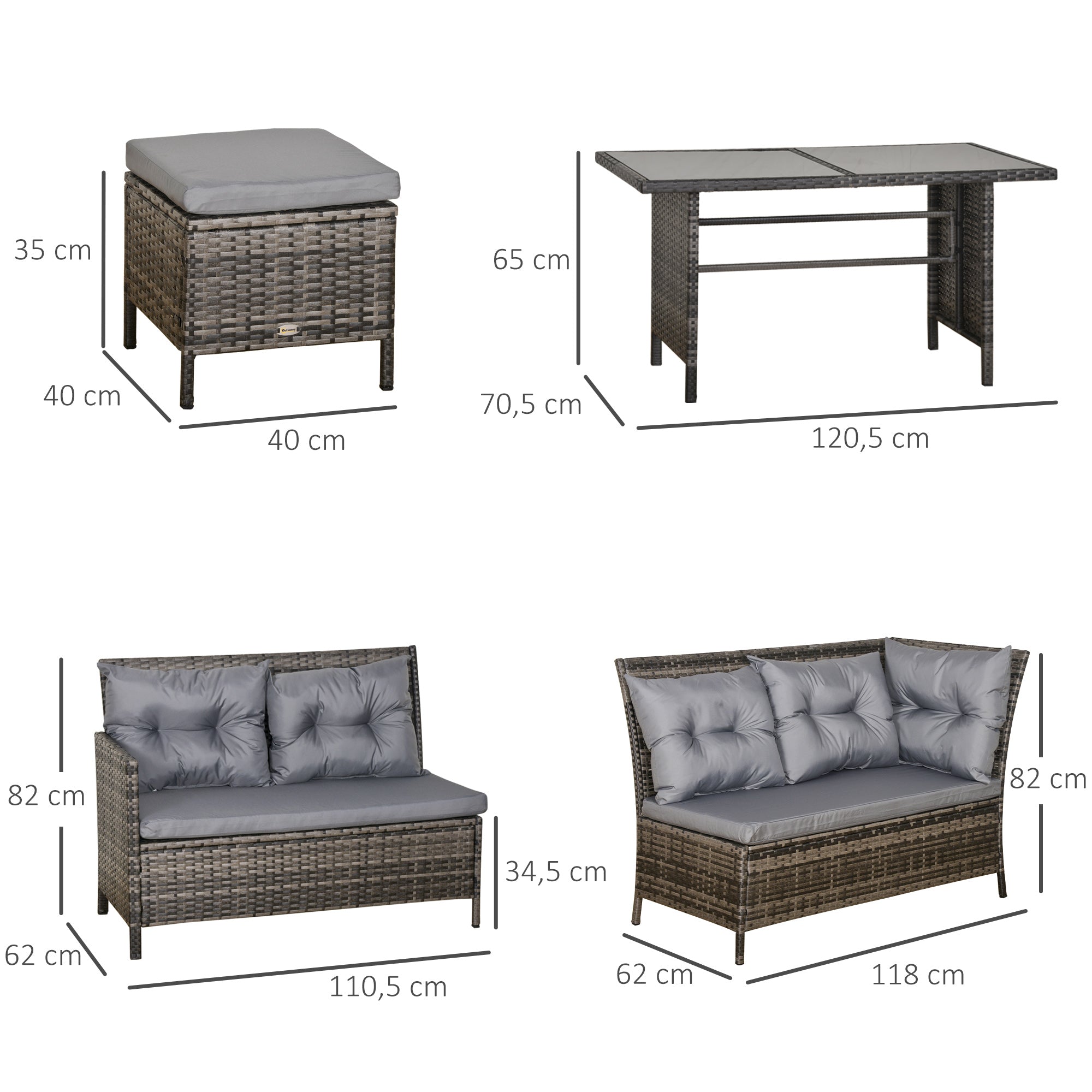 Gray wicker corner sofa set with cushions and glass top table 62d x 82h outsunny 8-seater patio furniture