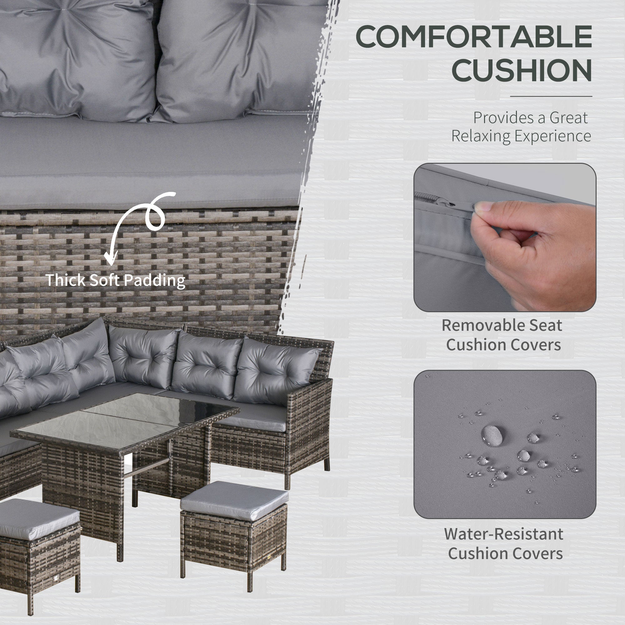 Gray tufted cushion covers with thick padding on outsunny 8-seater patio wicker corner sofa 62d x 82h size
