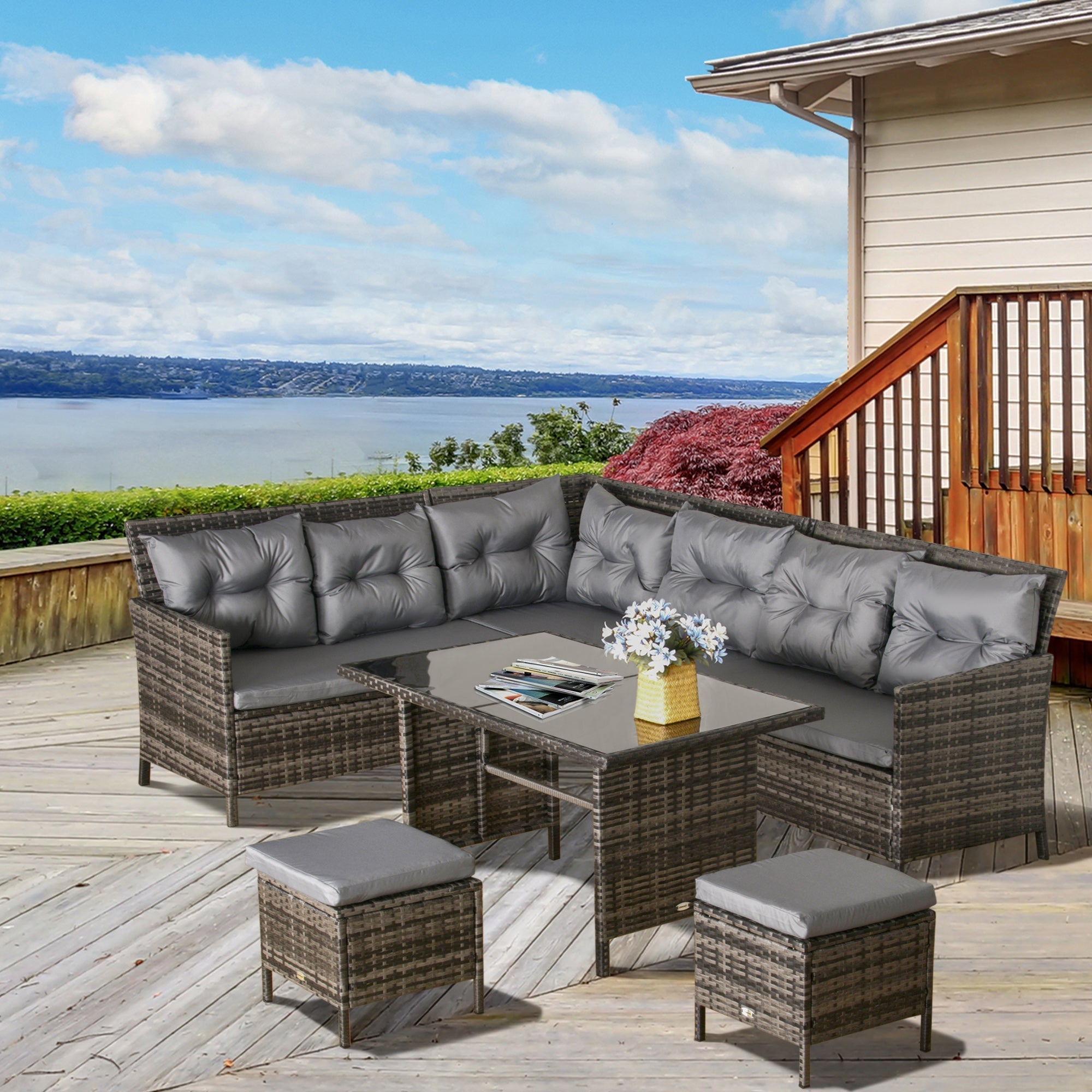 Gray tufted cushioned corner sofa with woven wicker frame and ottomans outsunny 8-seater patio 62d x 82h rattan set