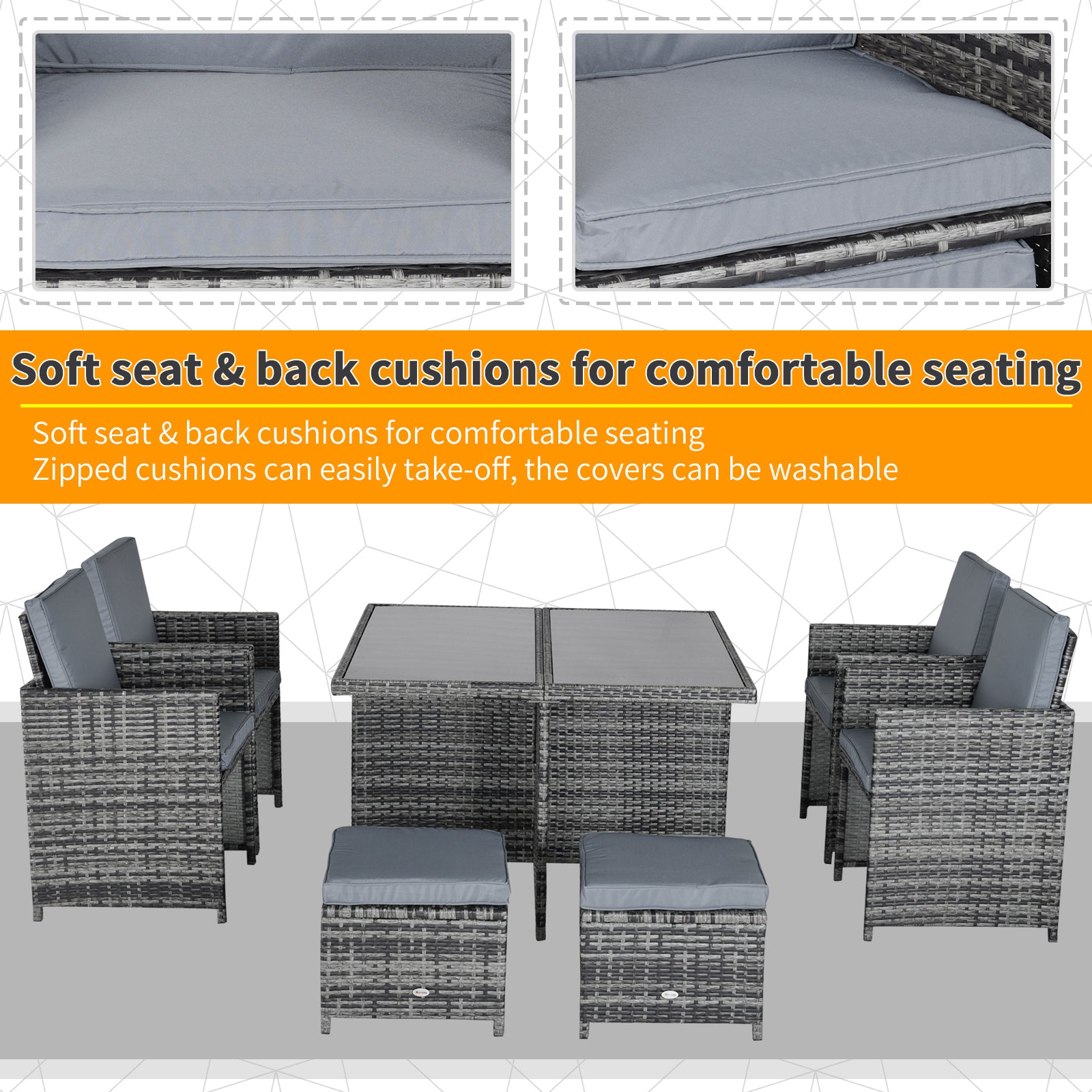Outsunny gray woven rattan dining set with soft gray cushions perfect for outdoor patio seating and garden dining