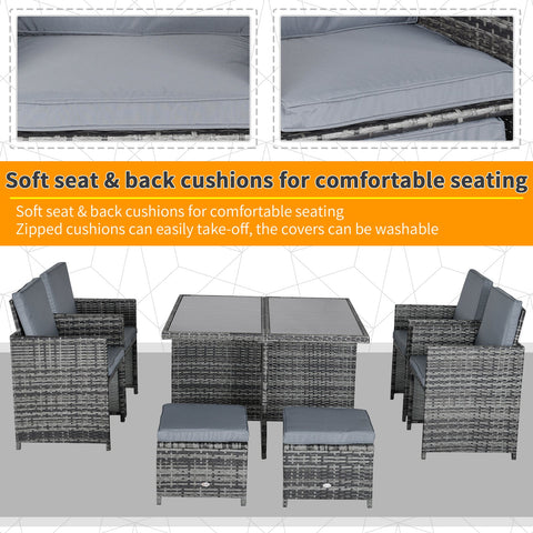 Outsunny gray woven rattan dining set with soft gray cushions perfect for outdoor patio seating and garden dining