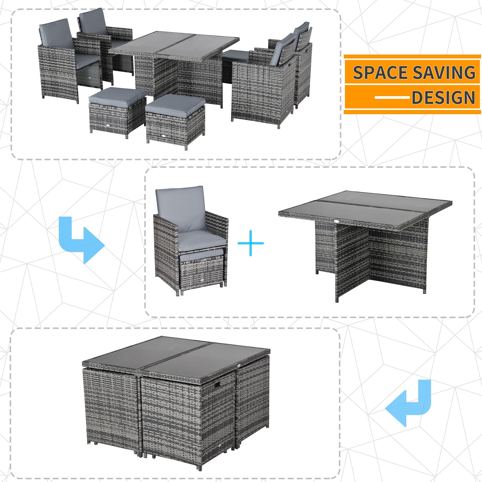Gray woven rattan dining set with cushioned 8-seater seats and a foldable table perfect for outdoor use