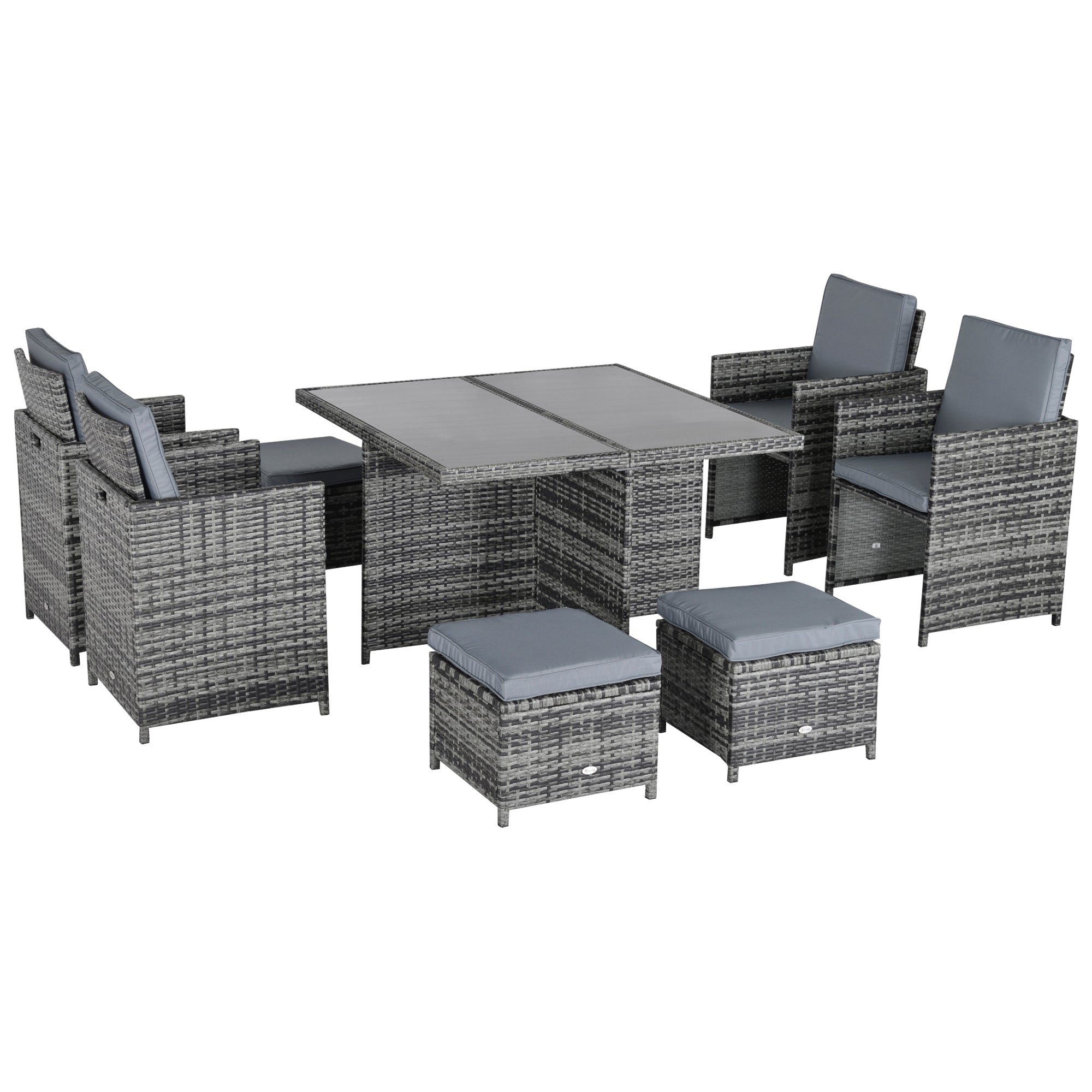 Gray wicker outdoor 8-seater rattan dining set with gray cushions and a matching square table for garden use