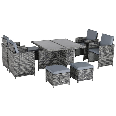 Gray wicker outdoor 8-seater rattan dining set with gray cushions and a matching square table for garden use