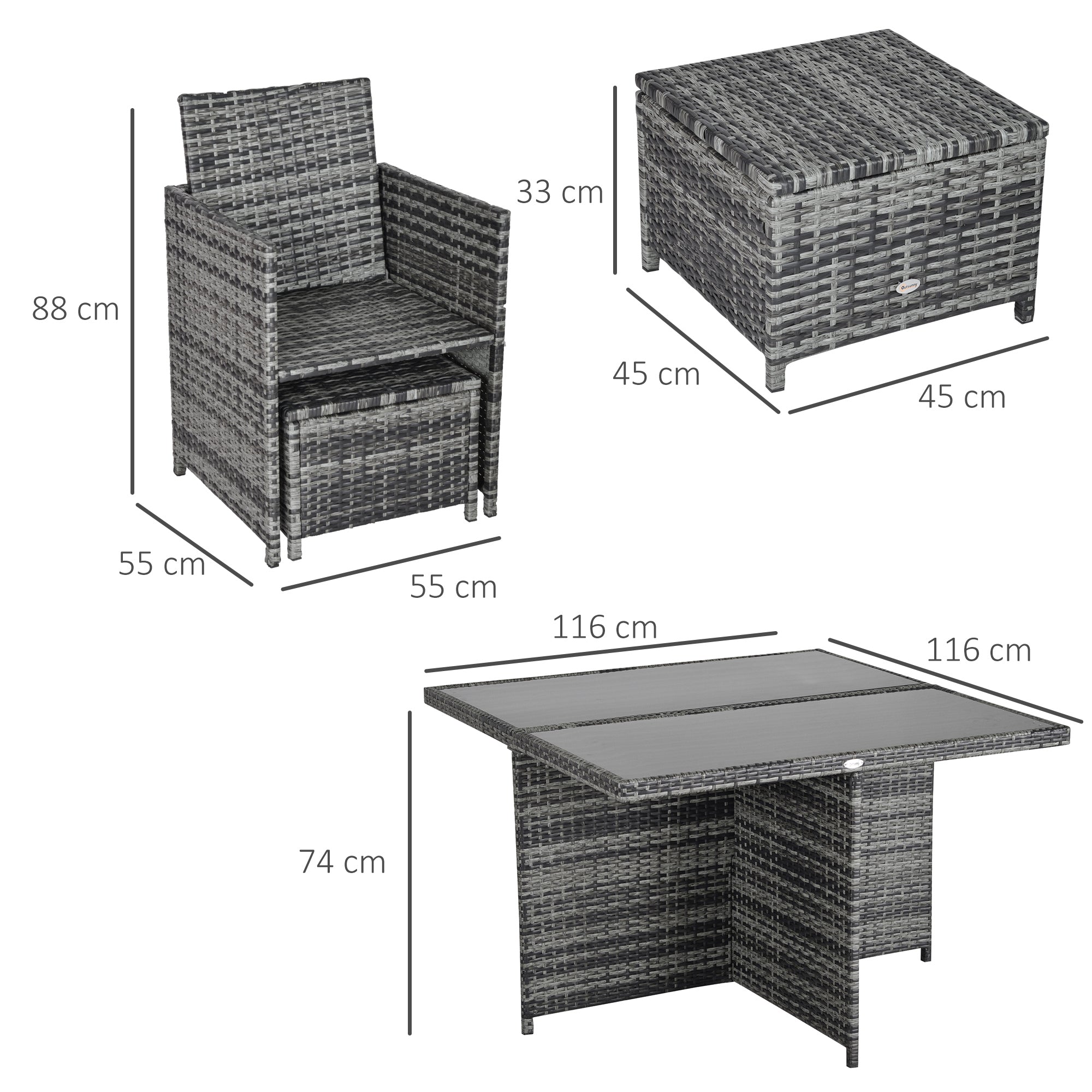Gray woven wicker rattan dining set with chair, storage box, and glass top table for outdoor dining