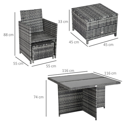 Gray woven wicker rattan dining set with chair, storage box, and glass top table for outdoor dining