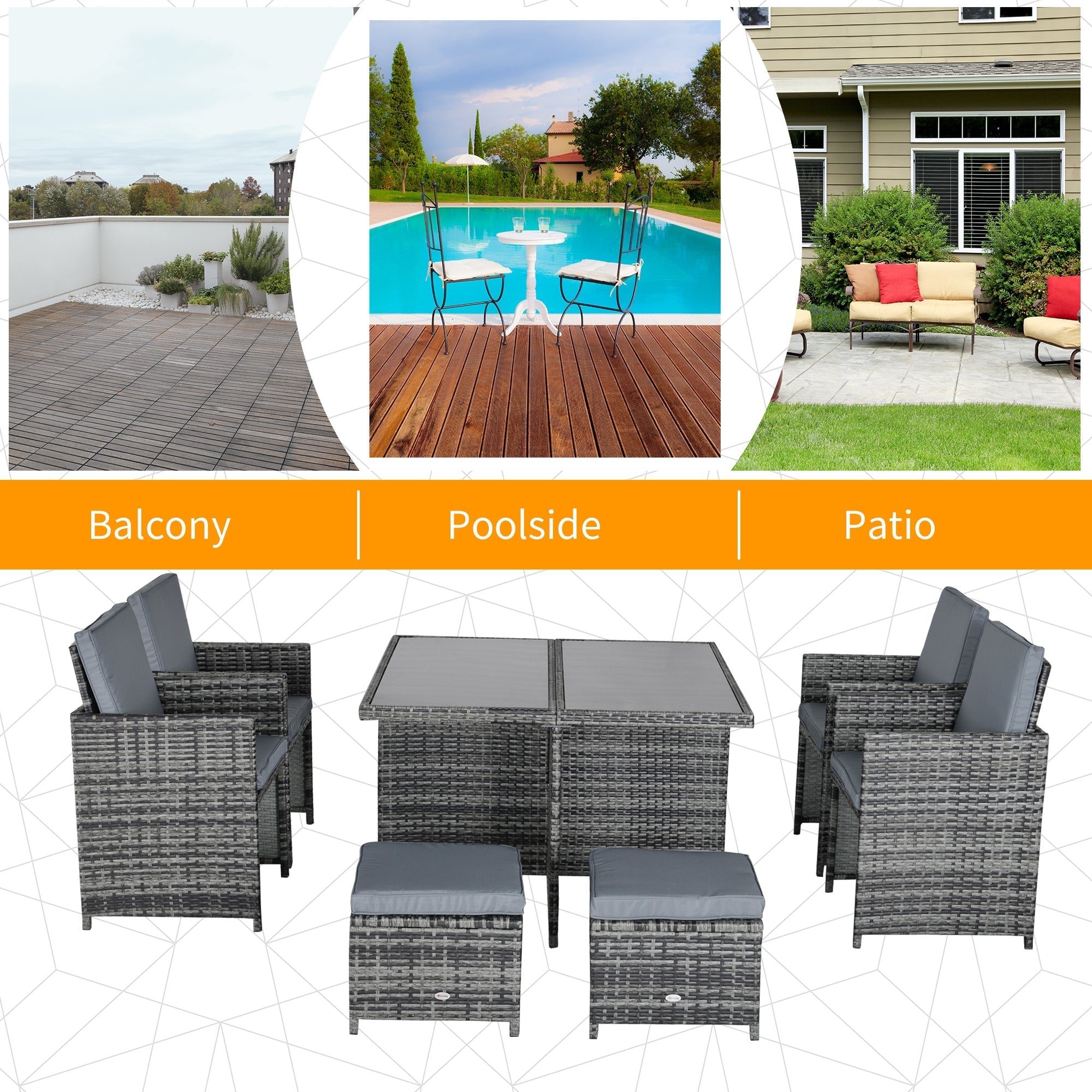 Gray wicker 8-seater rattan dining set with gray cushioned seats and ottomans perfect for outdoor dining