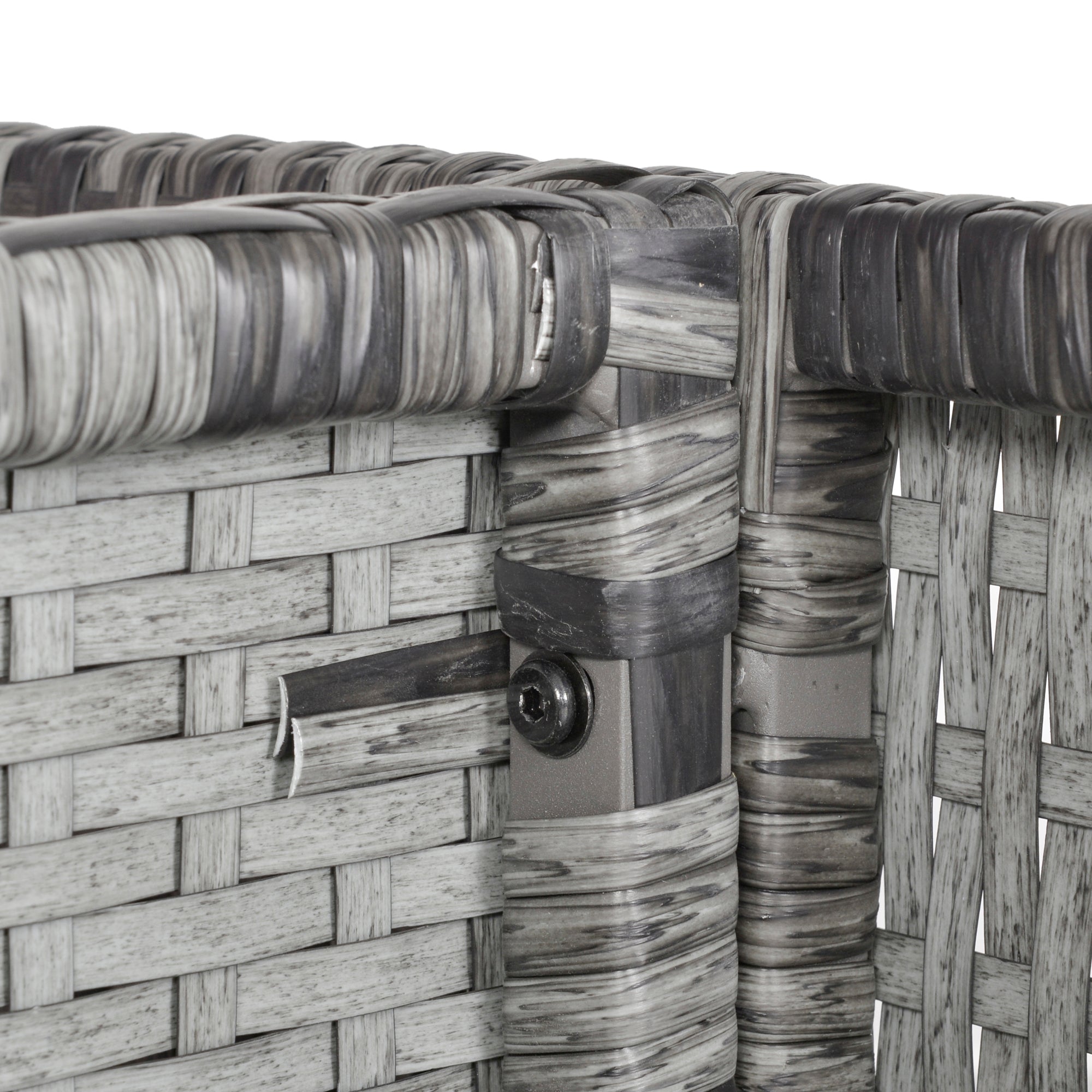 Gray woven wicker basket with metal corner hardware part of outsunny 8-seater rattan dining set for outdoor use