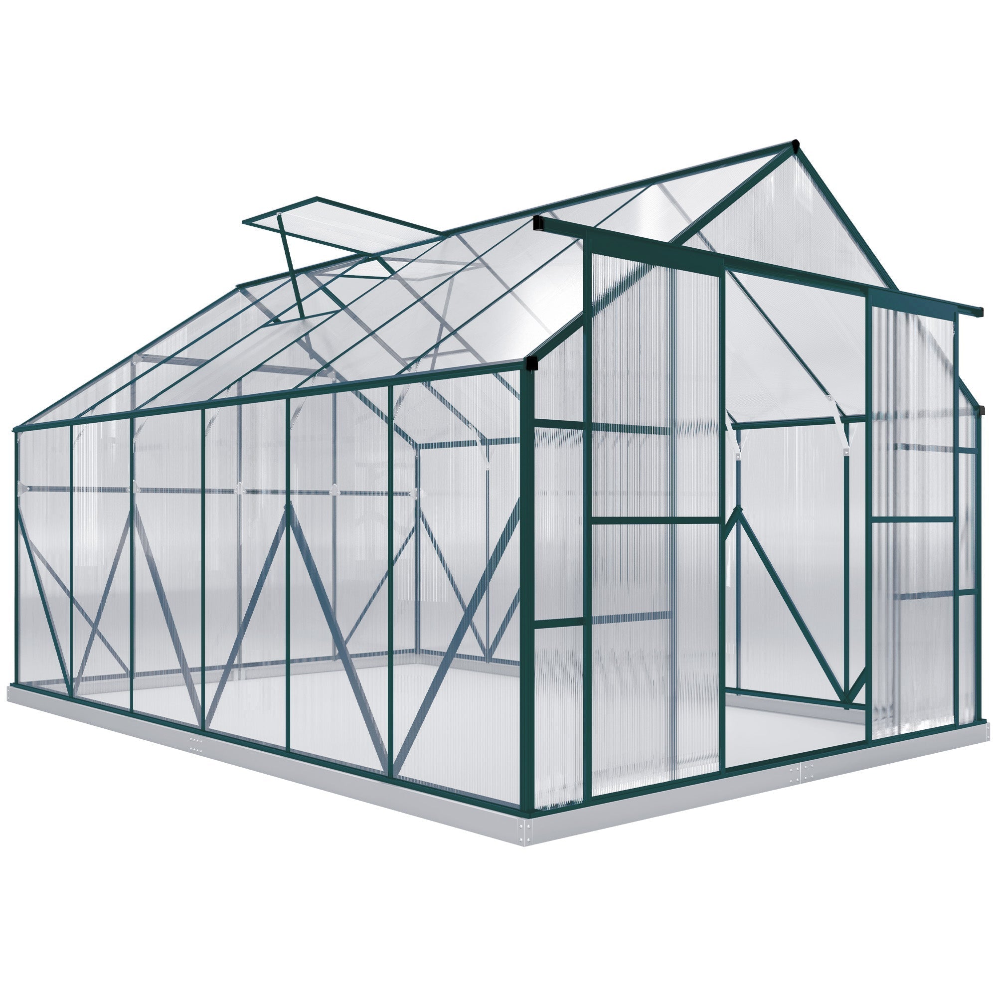 Green-framed aluminium greenhouse with clear polycarbonate panels 244w x 376d features double sliding door and adjustable roof vent