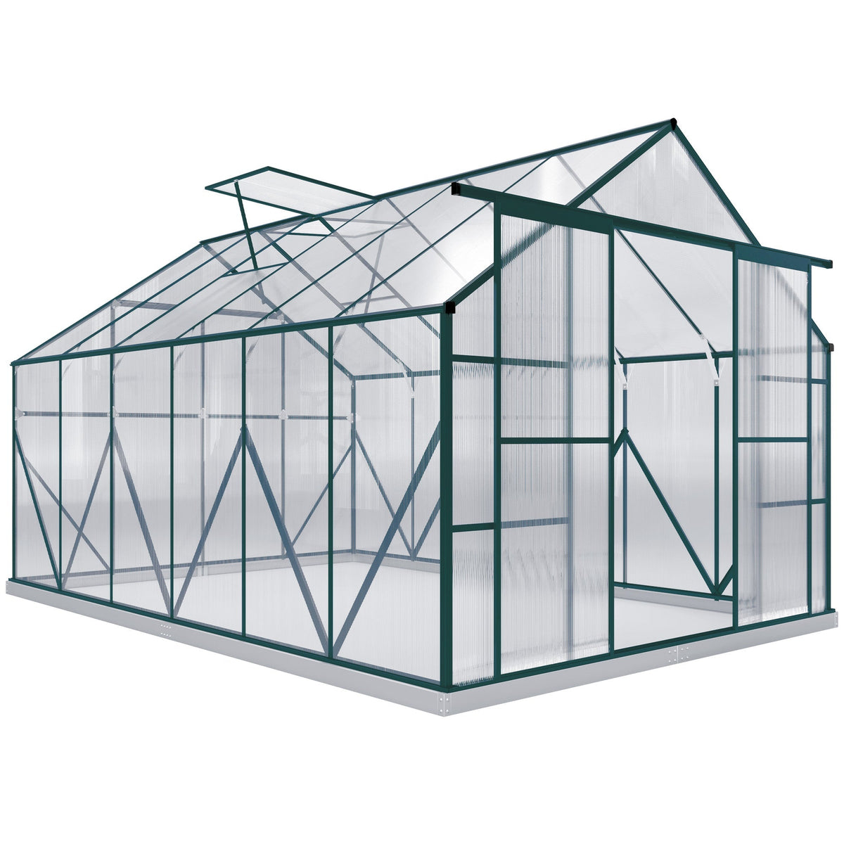 Green-framed aluminium greenhouse with clear polycarbonate panels 244w x 376d features double sliding door and adjustable roof vent