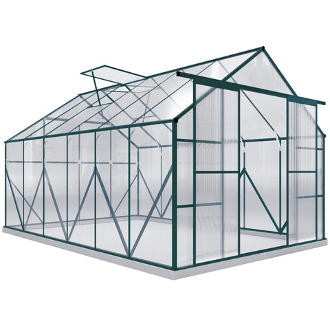 Green-framed aluminium greenhouse with clear polycarbonate panels 244w x 376d features double sliding door and adjustable roof vent
