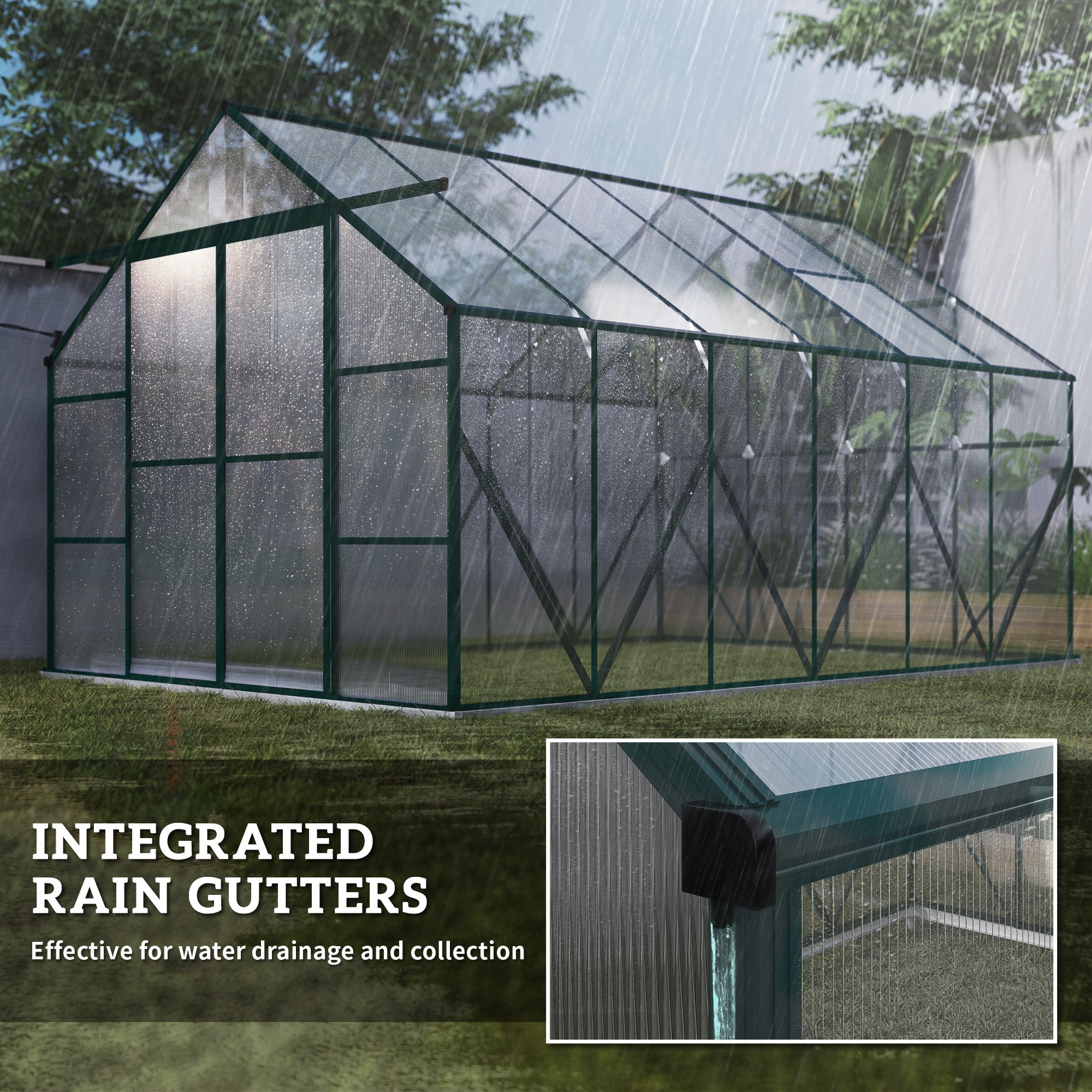 Green framed aluminium greenhouse with polycarbonate panels and double sliding door 244w x 376d with rain gutters