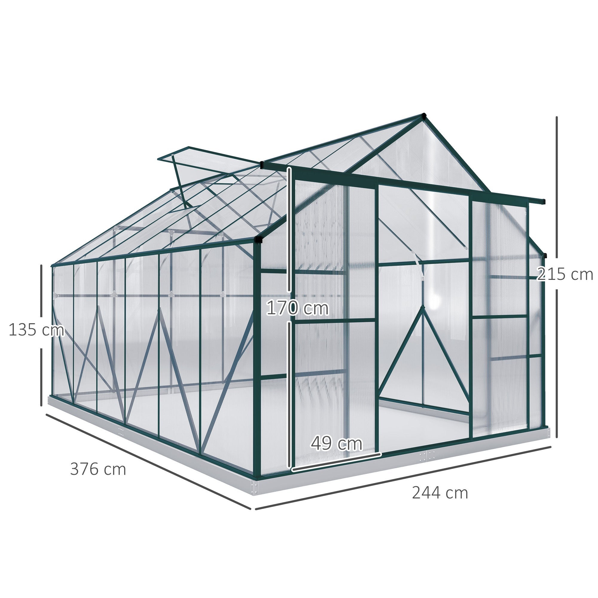 Green-framed outsunny 8 x 12ft aluminium greenhouse with polycarbonate panels, double sliding door, and labeled 244w x 376d dimensions
