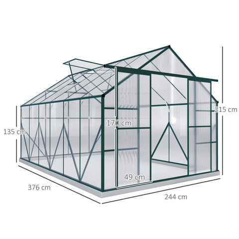 Green-framed outsunny 8 x 12ft aluminium greenhouse with polycarbonate panels, double sliding door, and labeled 244w x 376d dimensions