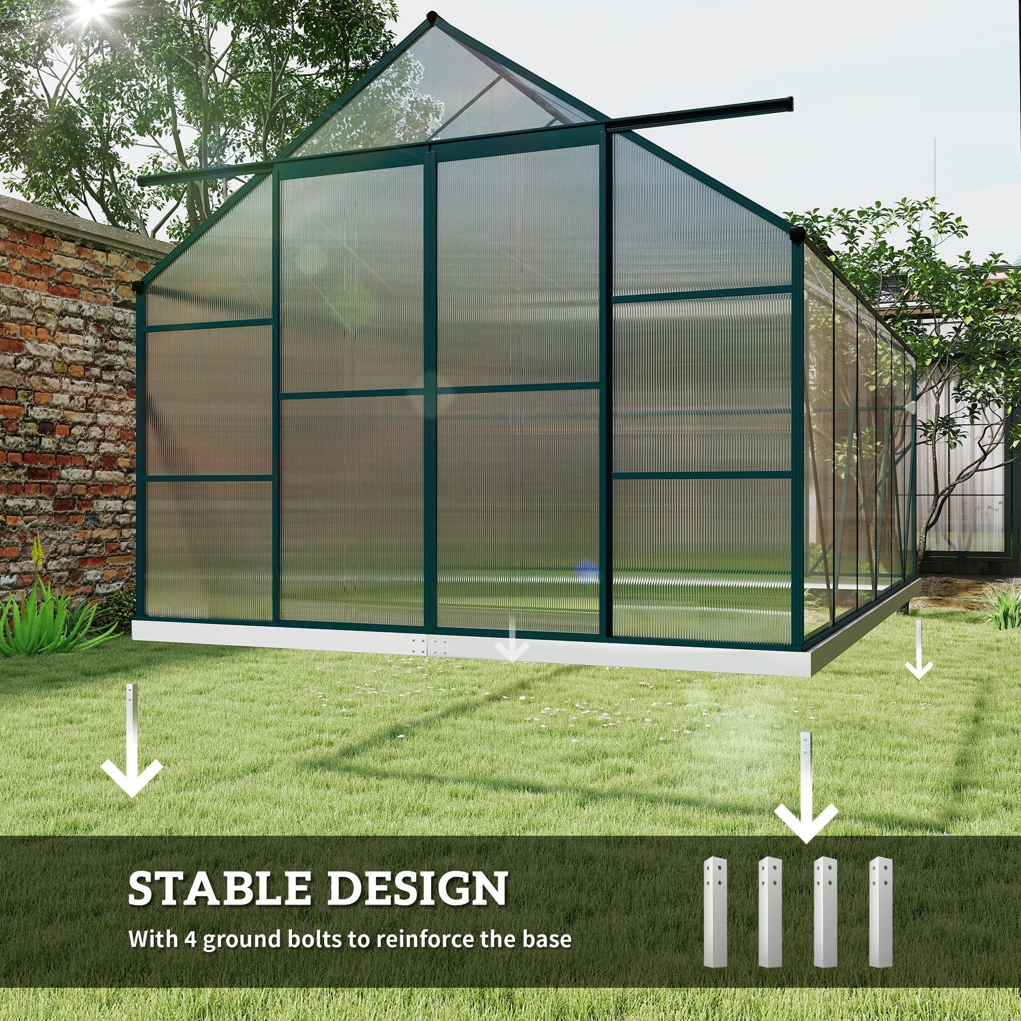 Green-framed 8x12ft outsunny greenhouse with polycarbonate panels, double sliding door, white base, and adjustable roof vent
