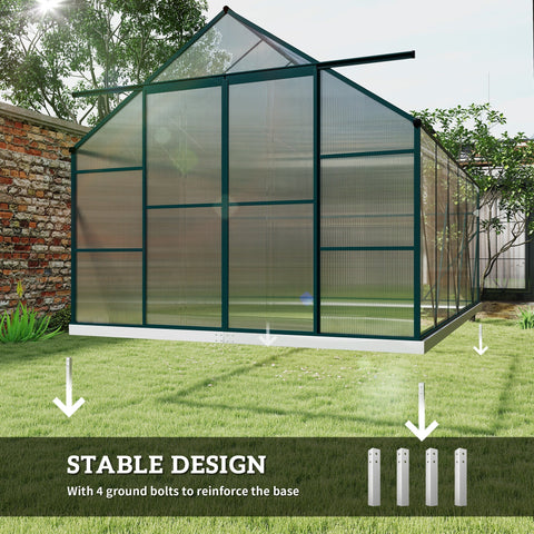 Green-framed 8x12ft outsunny greenhouse with polycarbonate panels, double sliding door, white base, and adjustable roof vent