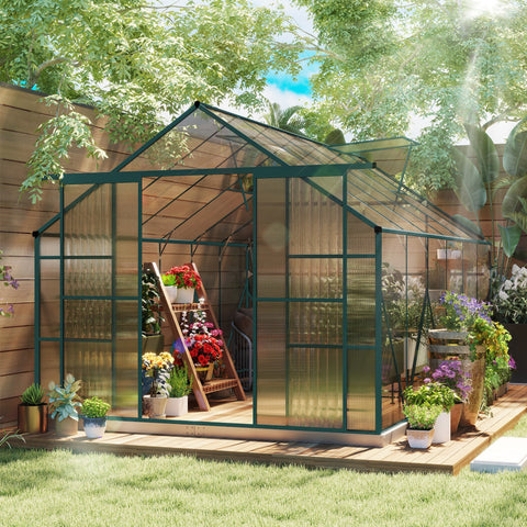 Green framed 244w x 376d aluminium greenhouse with polycarbonate panels, double sliding door, and wooden deck