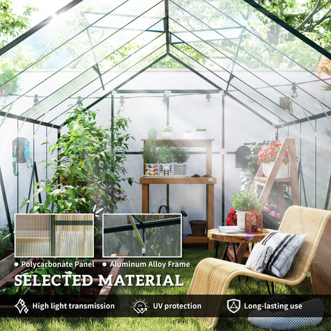 Transparent outsunny 8 x 12ft aluminium greenhouse with polycarbonate panels double sliding door and outdoor furniture nearby
