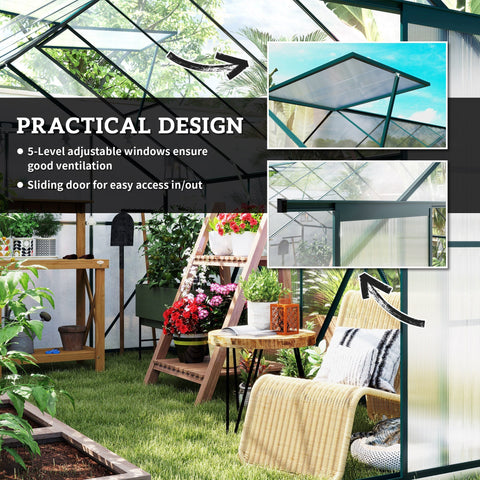 Green-framed 8 x 12ft outsunny aluminium greenhouse with polycarbonate panels and double sliding door for garden use