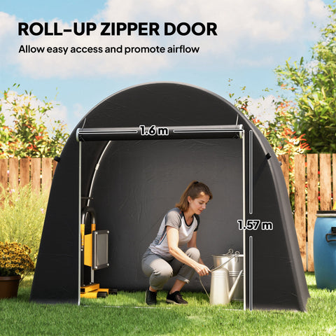 Outsunny garden storage tent in dark grey with roll-up zipper door and galvanised metal frame measuring 1.6m by 1.57m