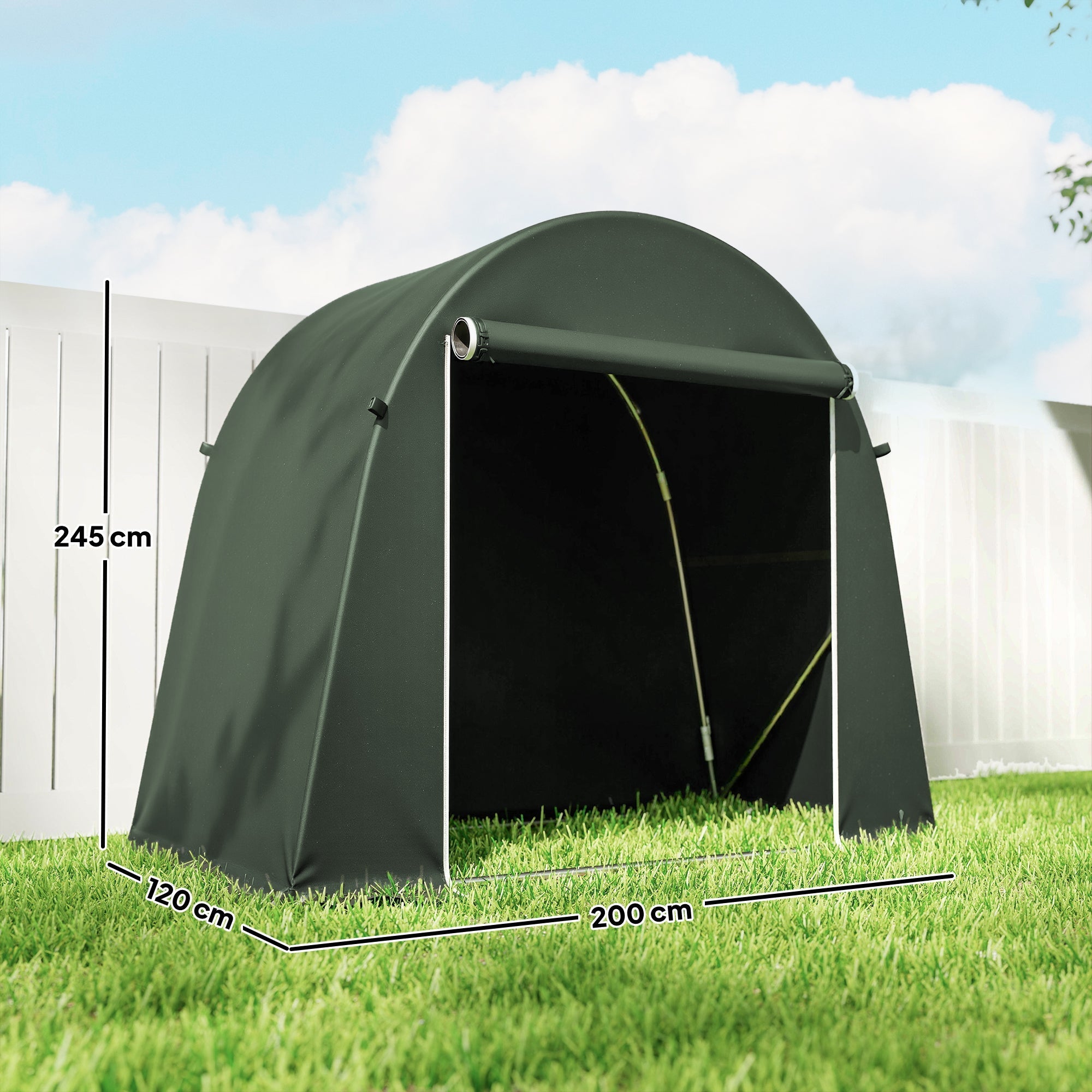 Dark green outsunny 8 x 4 ft garden storage tent with roll-up door white trim and galvanised metal frame