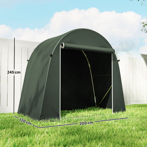 Dark green outsunny 8 x 4 ft garden storage tent with roll-up door white trim and galvanised metal frame