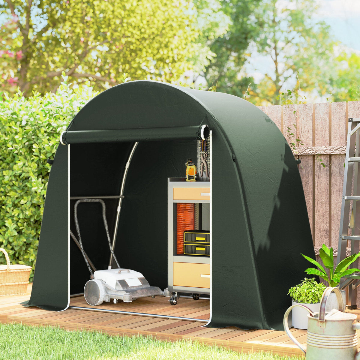 Dark green outsunny garden storage tent with roll-up door and galvanised metal frame for gardening or bike storage