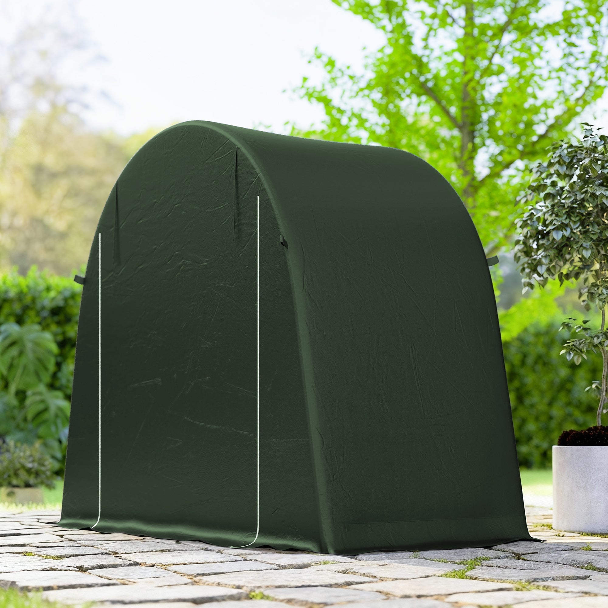 Dark green outsunny garden storage tent with arched roof white trim and sturdy galvanised metal frame for outdoor use