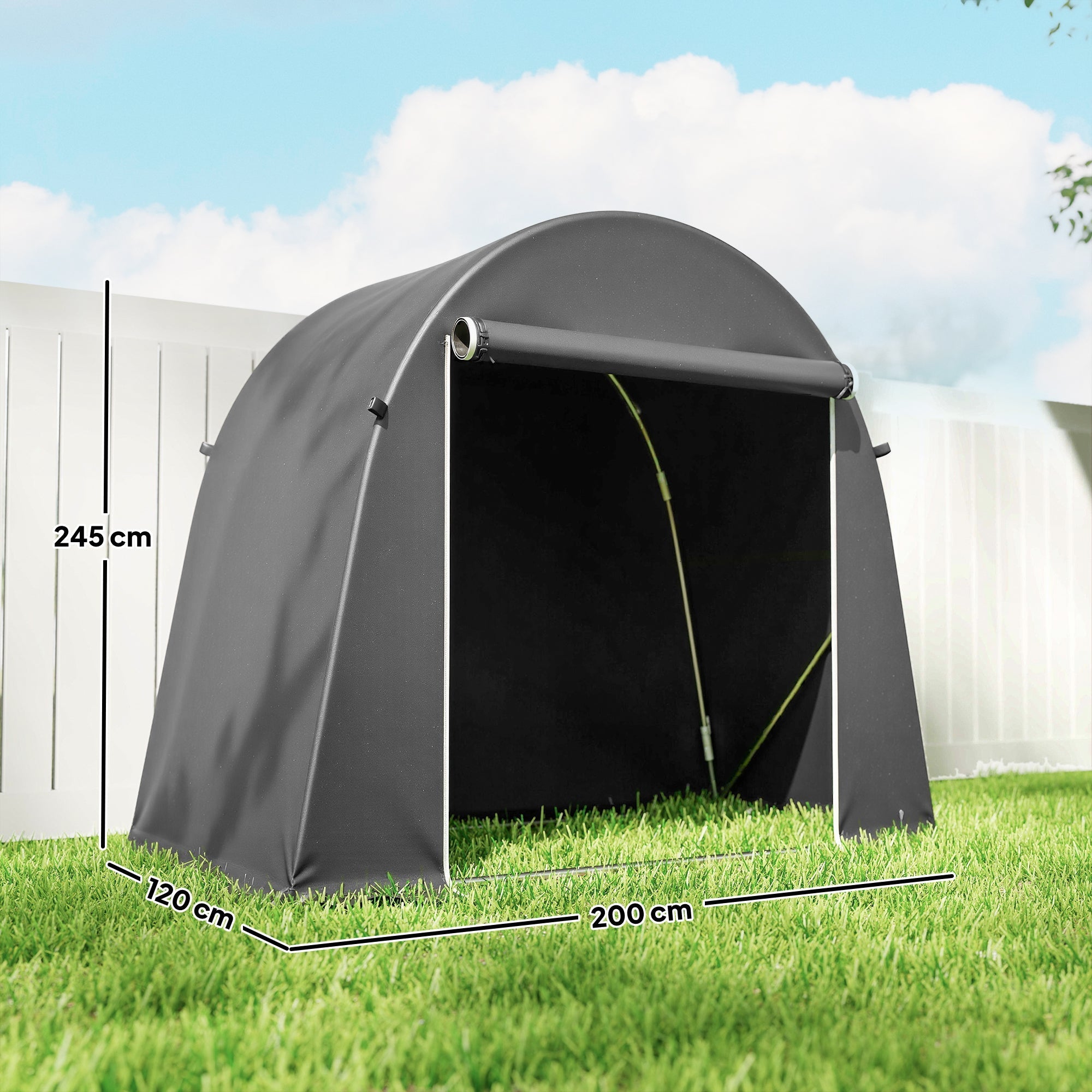 Black fabric outsunny 8 x 4 ft garden storage tent with roll-up door and galvanised metal frame in dark grey