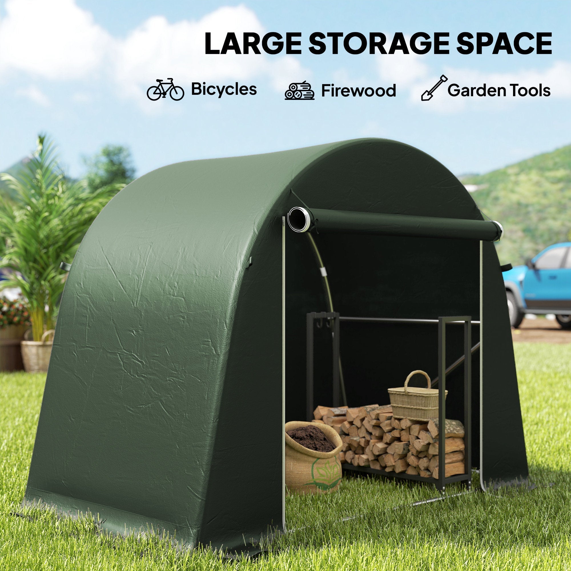 Dark green Outsunny garden storage tent with curved roof and durable galvanised metal frame for outdoor use