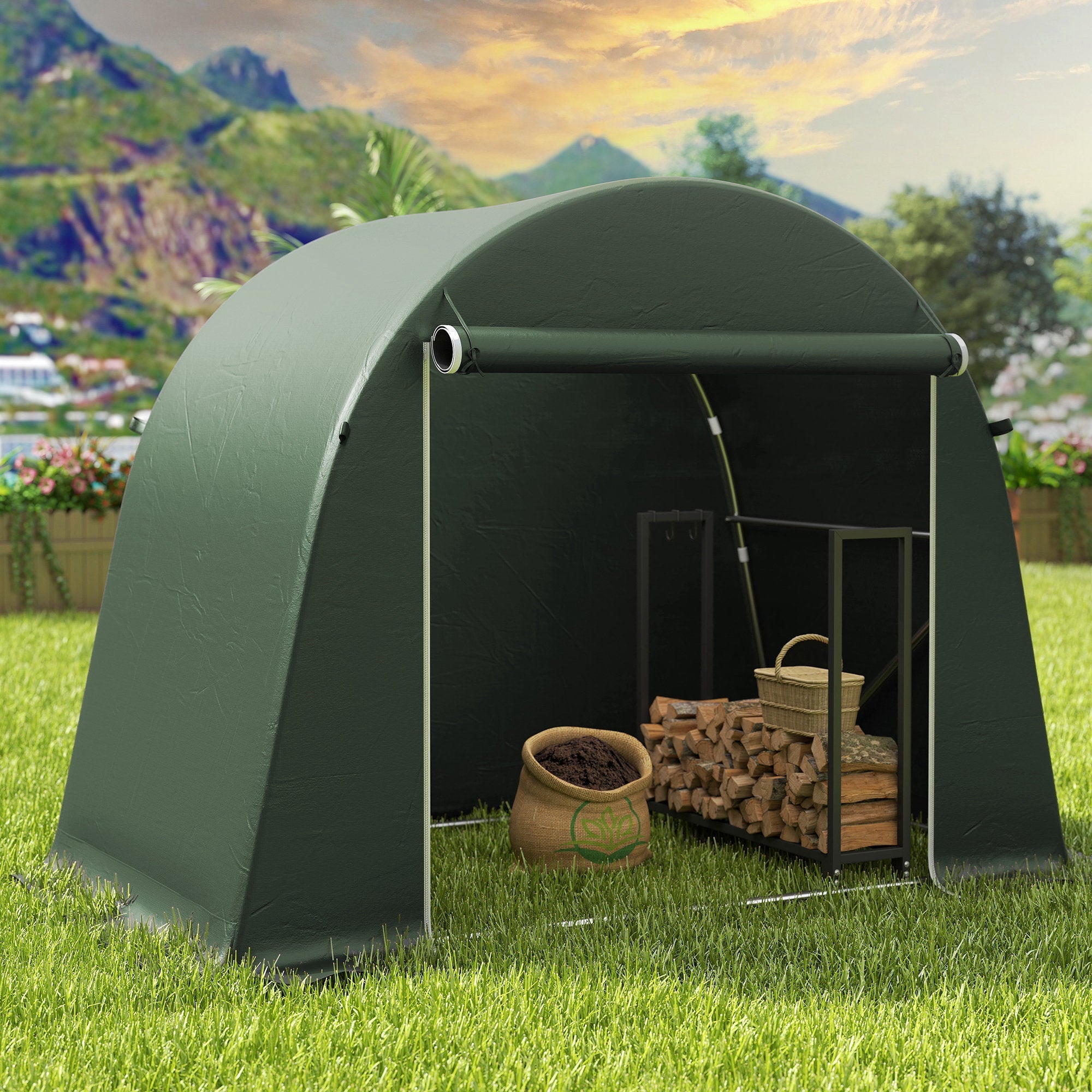 Dark green outsunny garden storage tent with arched roof and galvanised metal frame for bike storage
