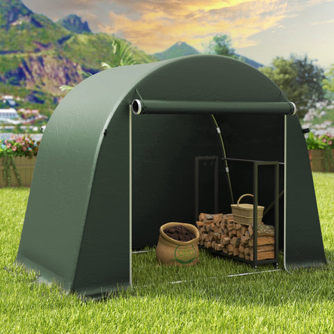 Dark green outsunny garden storage tent with arched roof and galvanised metal frame for bike storage