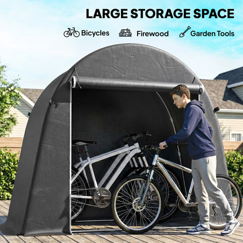Black fabric garden storage tent with roll-up door and galvanised metal frame for waterproof bike storage