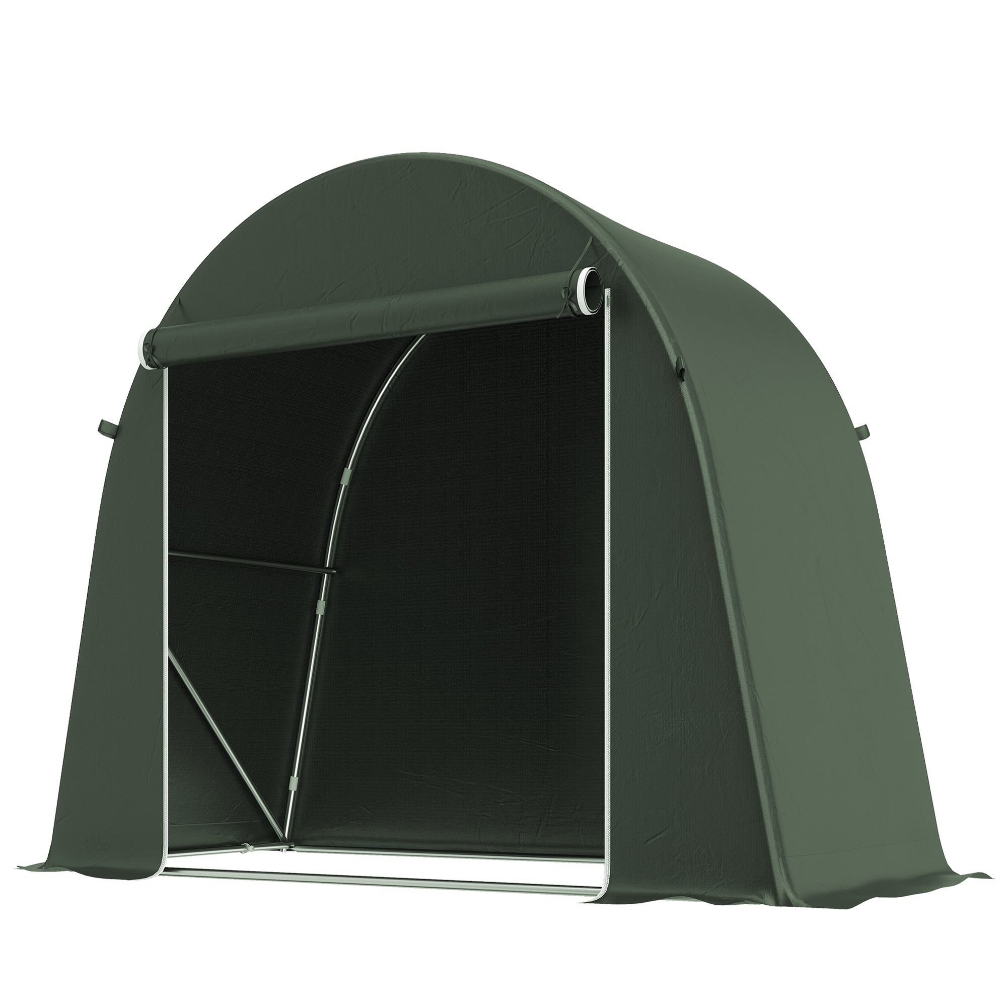 Dark green outsunny garden storage tent with curved roof and galvanised metal frame for bike storage