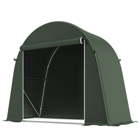 Dark green outsunny garden storage tent with curved roof and galvanised metal frame for bike storage