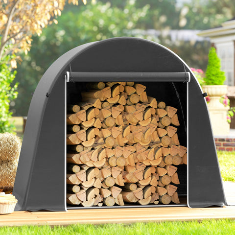 Outsunny 8 x 4 ft garden storage tent with roll-up door in black and white trim filled with firewood and galvanised metal frame