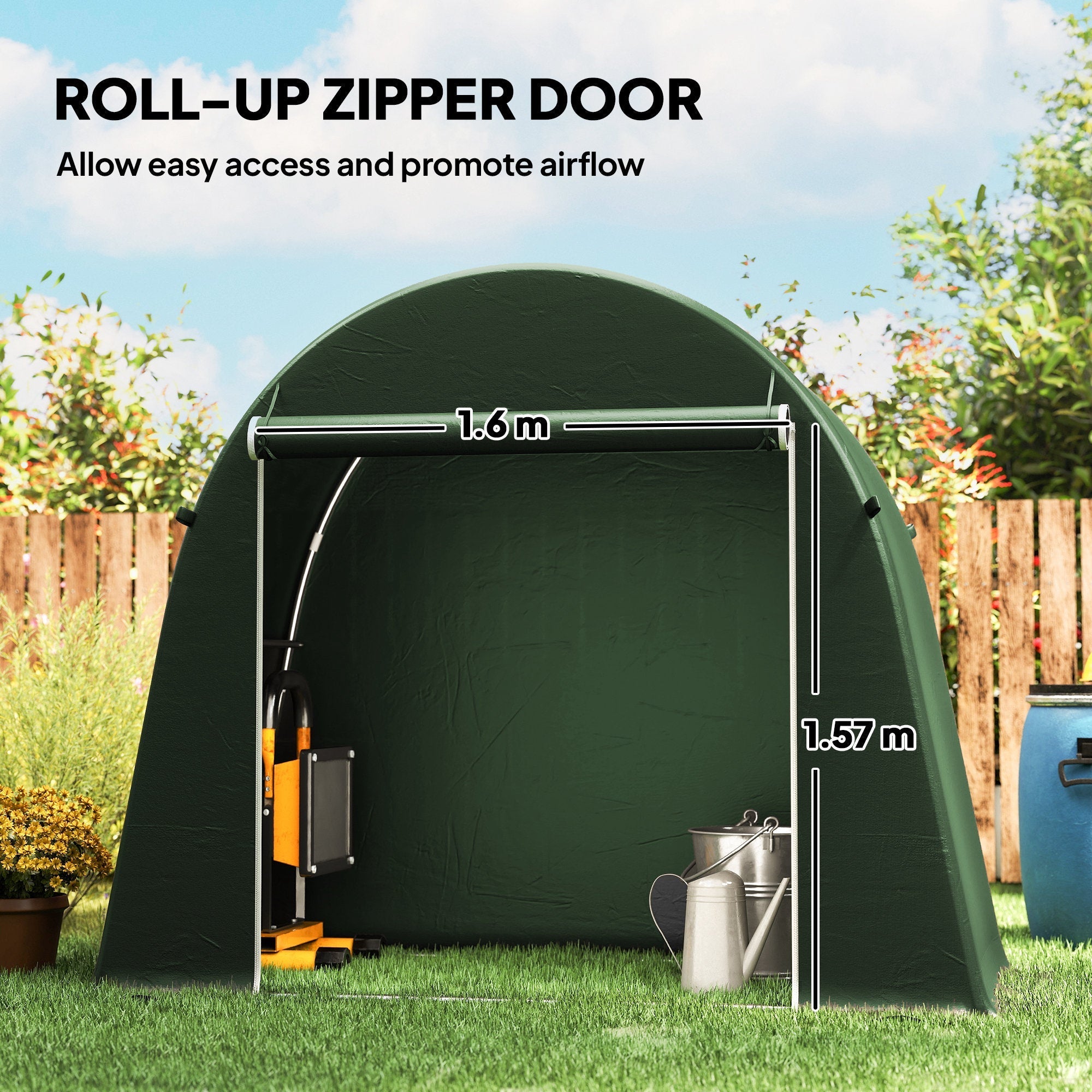 Outsunny garden storage tent with dark green roll-up zipper door and galvanised metal frame for outdoor use