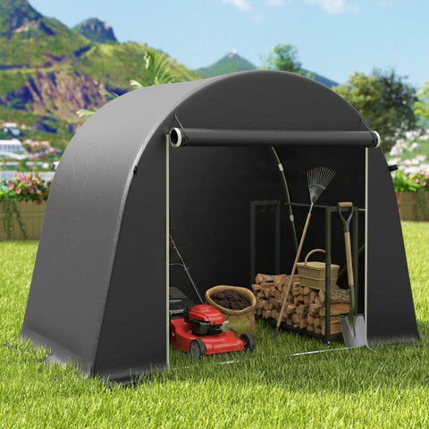 Black arched outsunny garden storage tent with roll-up side panel and galvanised metal frame showing tools inside