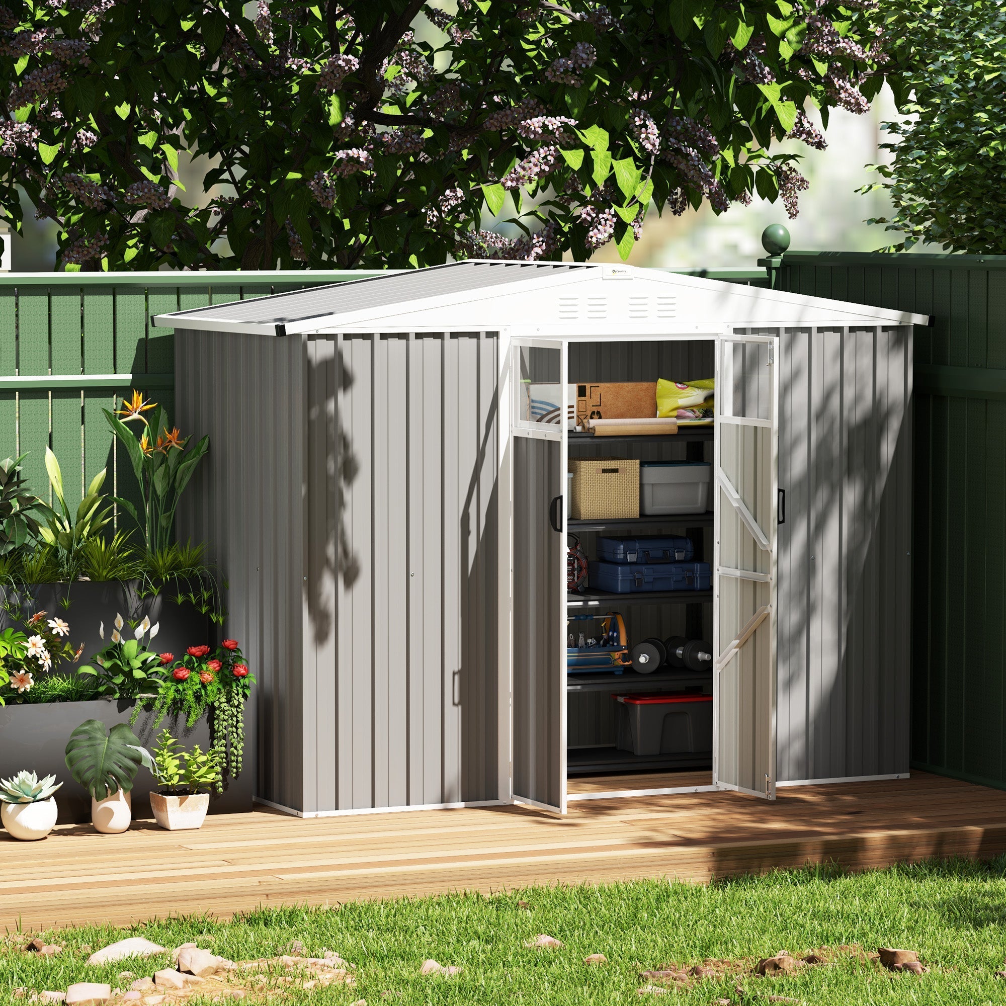 Gray galvanised steel outsunny garden shed with white roof doors vertical siding and lockable storage shed door