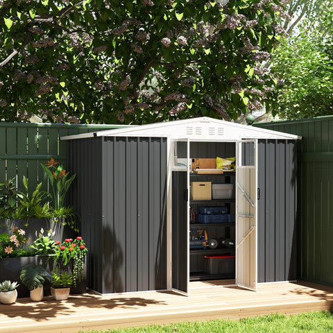 Dark gray galvanised steel garden shed with white roof and doors featuring vertical siding and slanted peak design