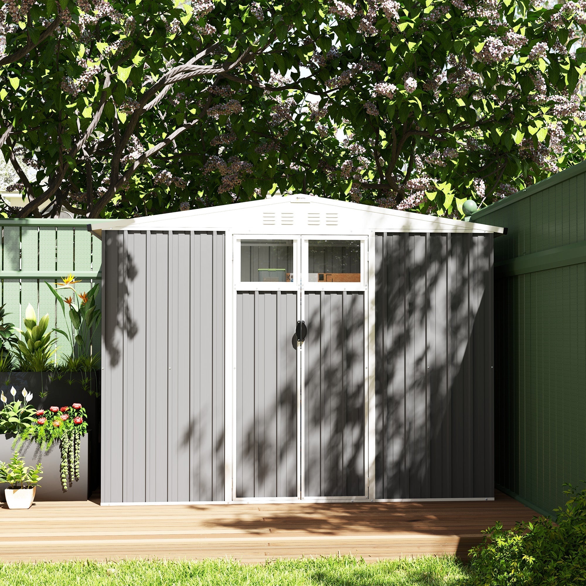 Gray metal garden shed with white trim window above double doors made of galvanised steel for outdoor storage