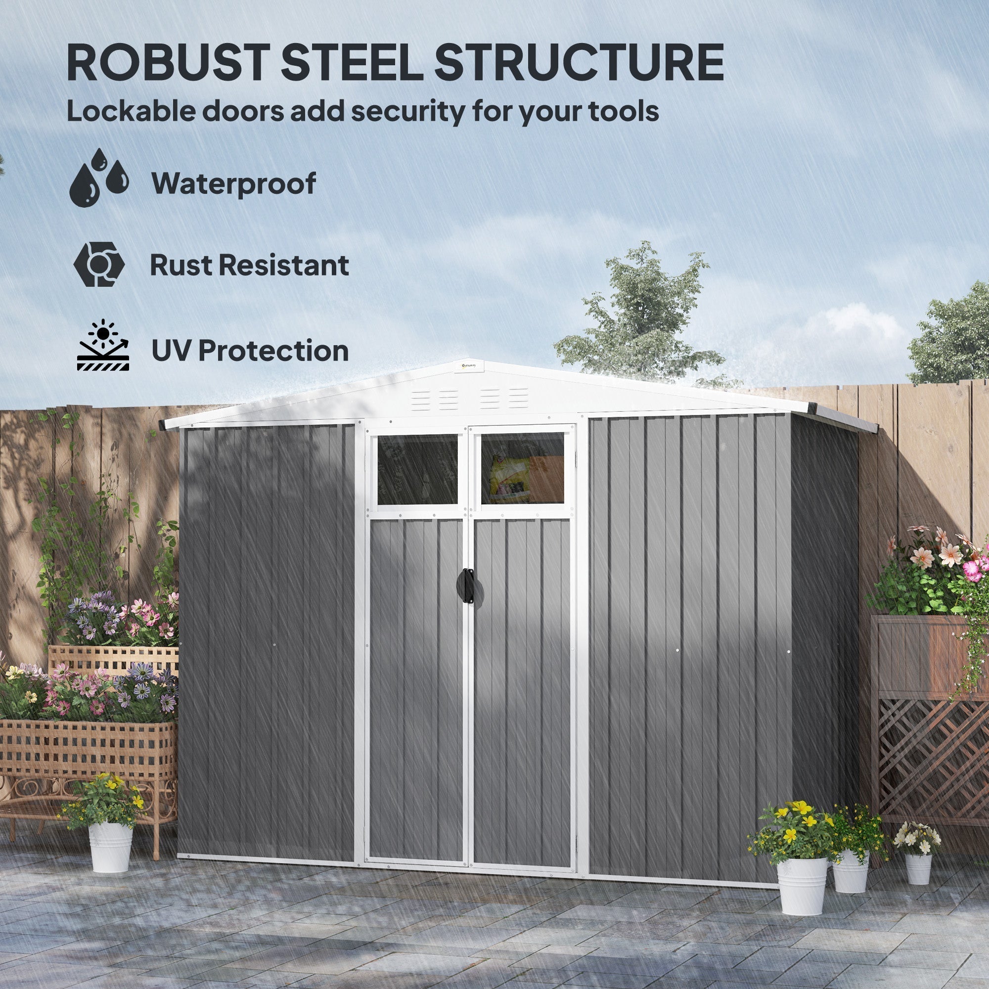 Gray galvanised steel garden shed with white roof, windows, vents, and lockable door for outdoor storage