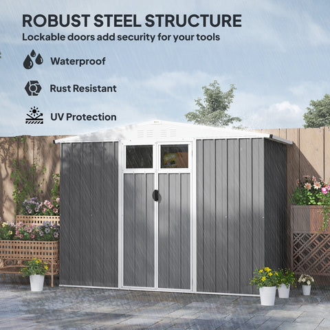 Gray galvanised steel garden shed with white roof, windows, vents, and lockable door for outdoor storage